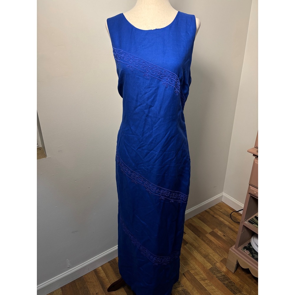 Studio I Royal Blue Linen Blend Maxi Dress Embroidered Sleeveless Size 16